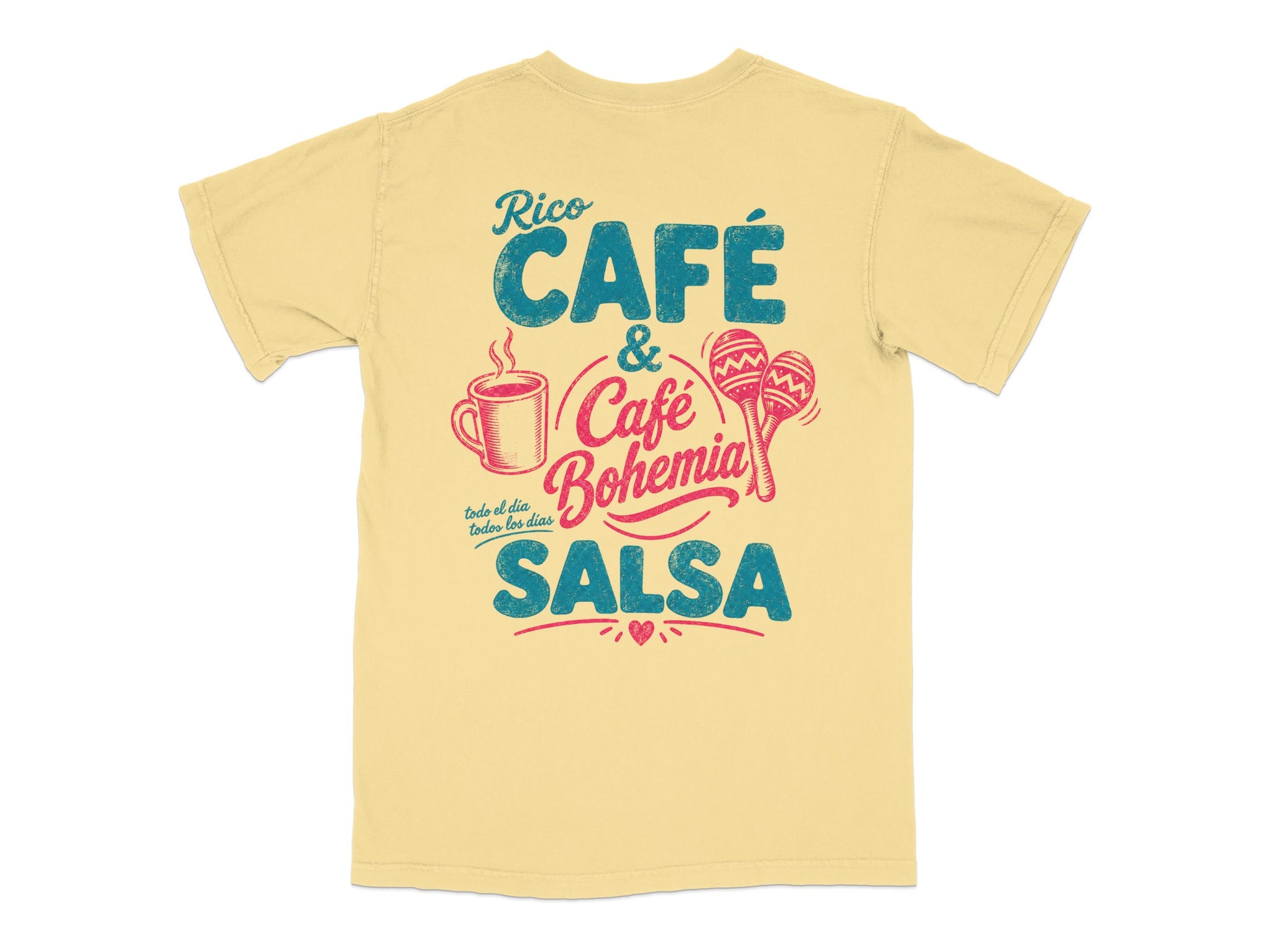Yellow t-shirt with "Rico Café & Salsa Bohemia" text and graphic.