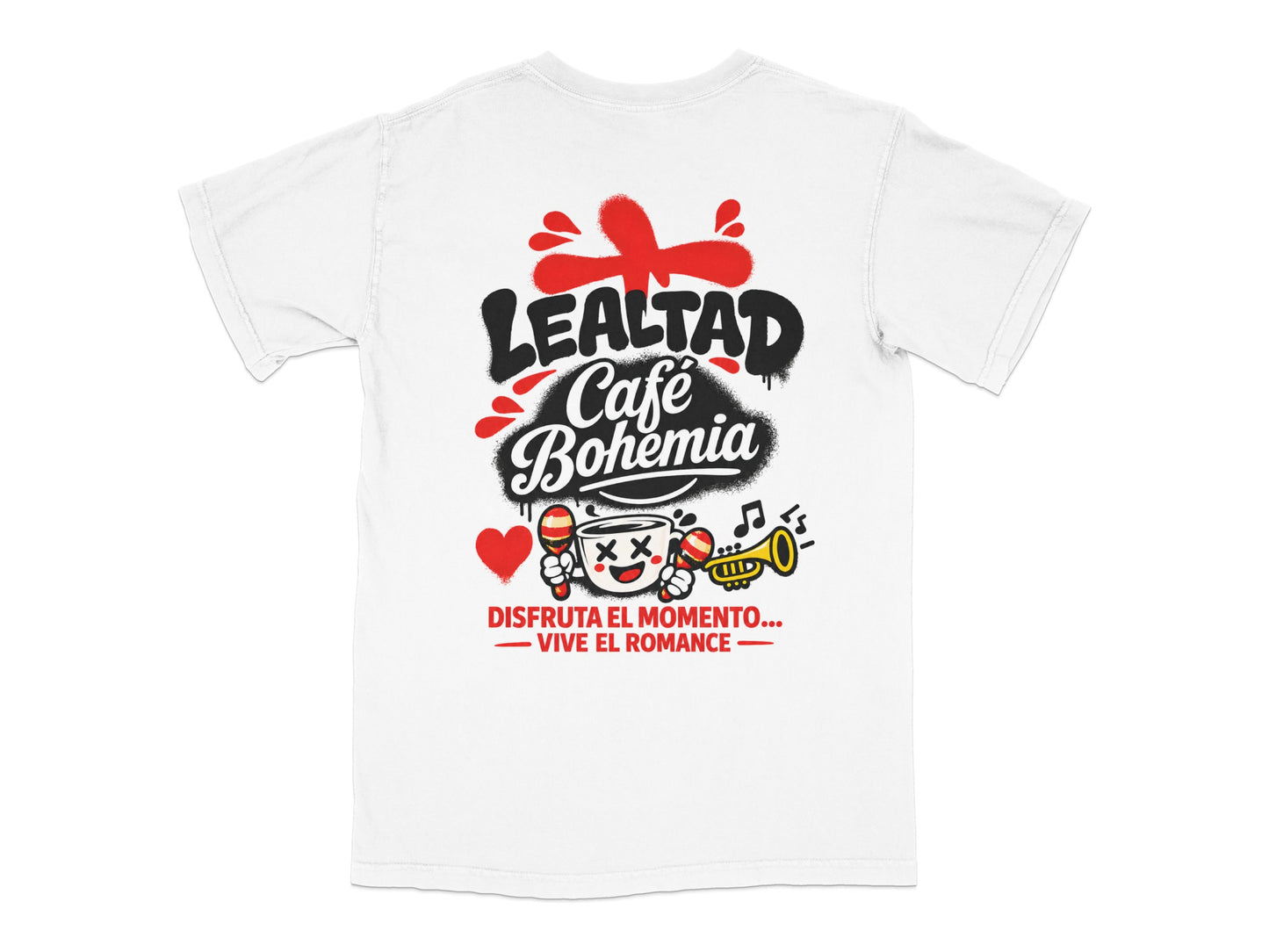 White t-shirt with "Lealtad Café Bohemia" graphic and "Disfruta el momento—vive el romance" text.