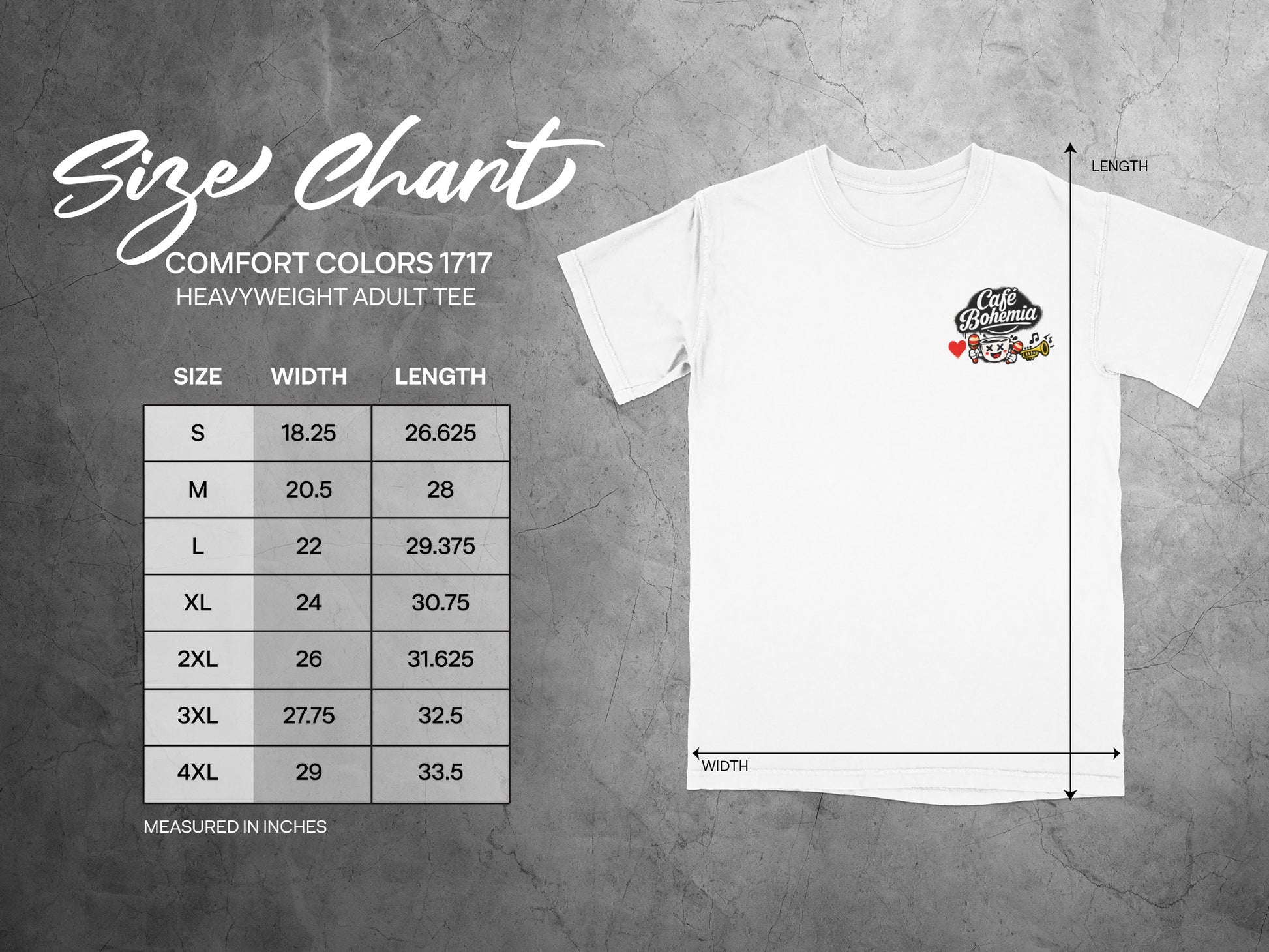 Comfort Colors 1717 heavyweight tee size chart with width and length measurements.