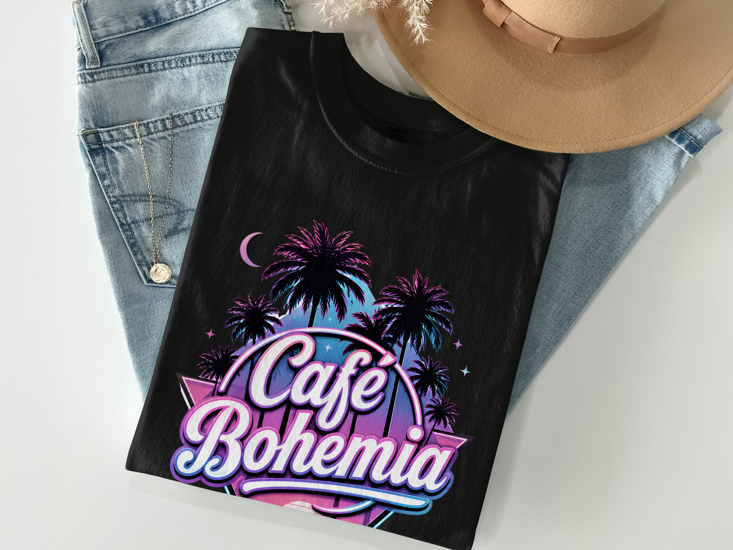 Black t-shirt with Cafe Bohemia text, palm trees, and crescent moon.