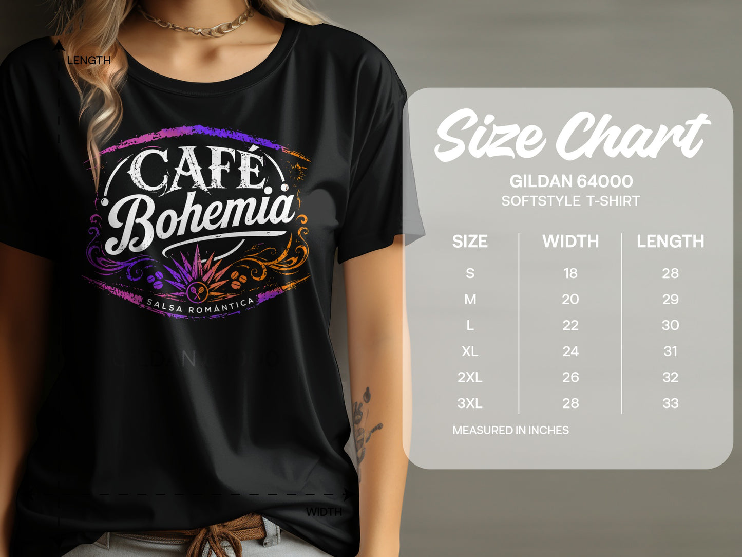 Black t-shirt with "CAFÉ Bohemia SALSA ROMÁNTICA" graphic and Gildan 64000 size chart.