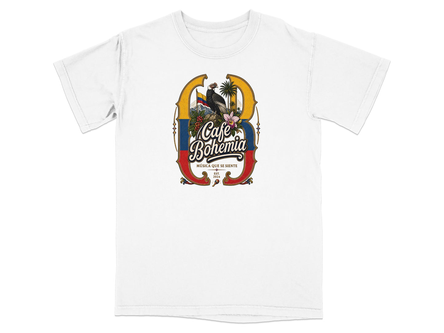 White t-shirt with Cafe Bohemia logo featuring condor and Colombian flag.
