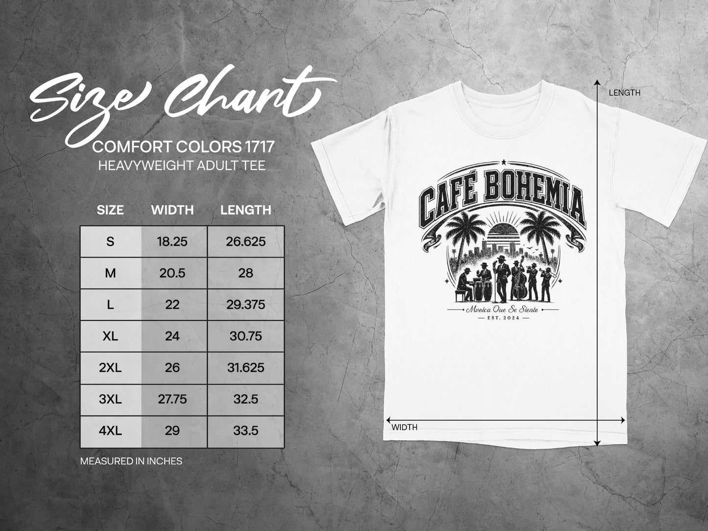 Cafe Bohemia t-shirt size chart with width and length measurements in inches.