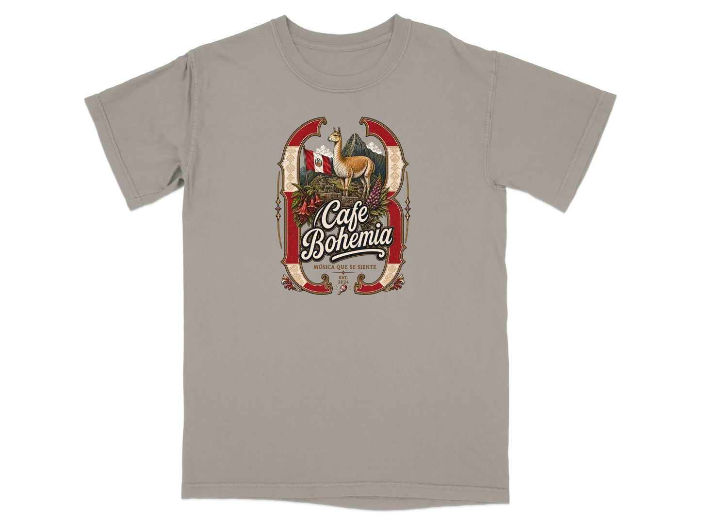 T-shirt with "Cafe Bohemia" logo featuring llama, Peruvian flag, and mountains.