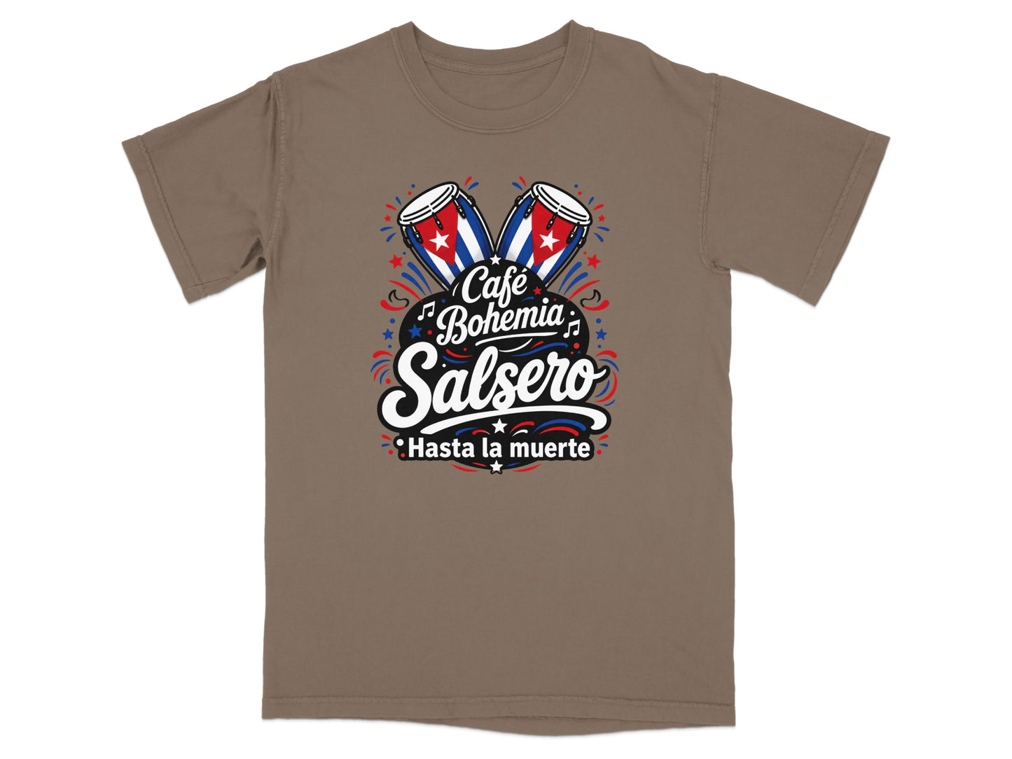 Brown t-shirt with "Café Bohemia Salsero Hasta la muerte" text and Cuban flag drums.