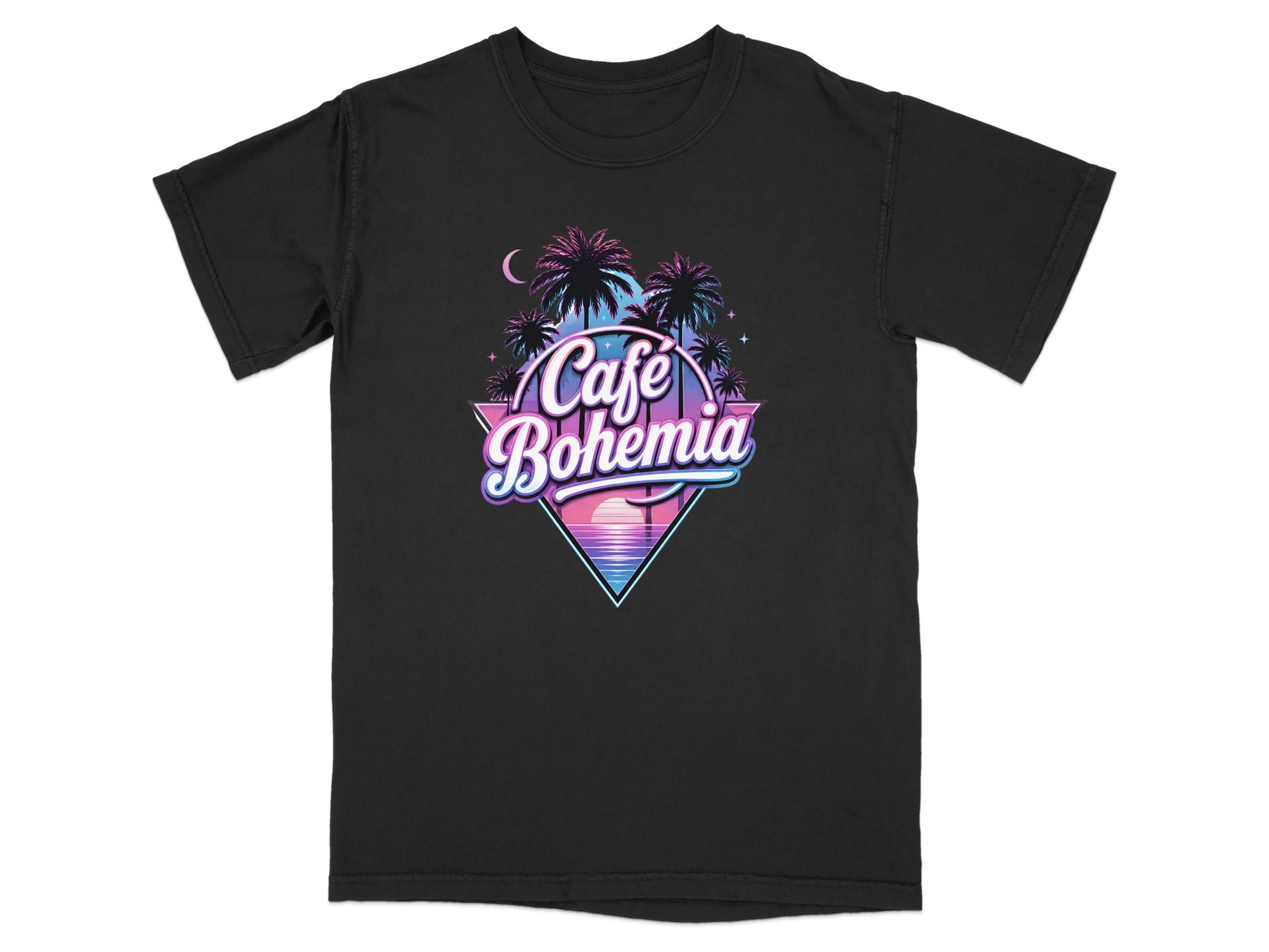 Black t-shirt with retro "Cafe Bohemia" logo featuring palm trees and sunset.