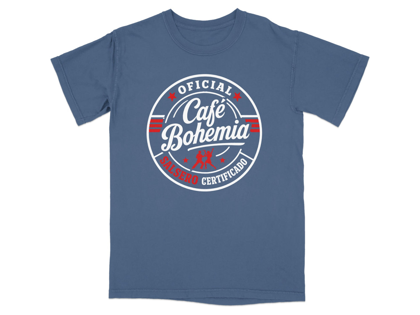 Blue t-shirt with circular "Café Bohemia" logo featuring text.
