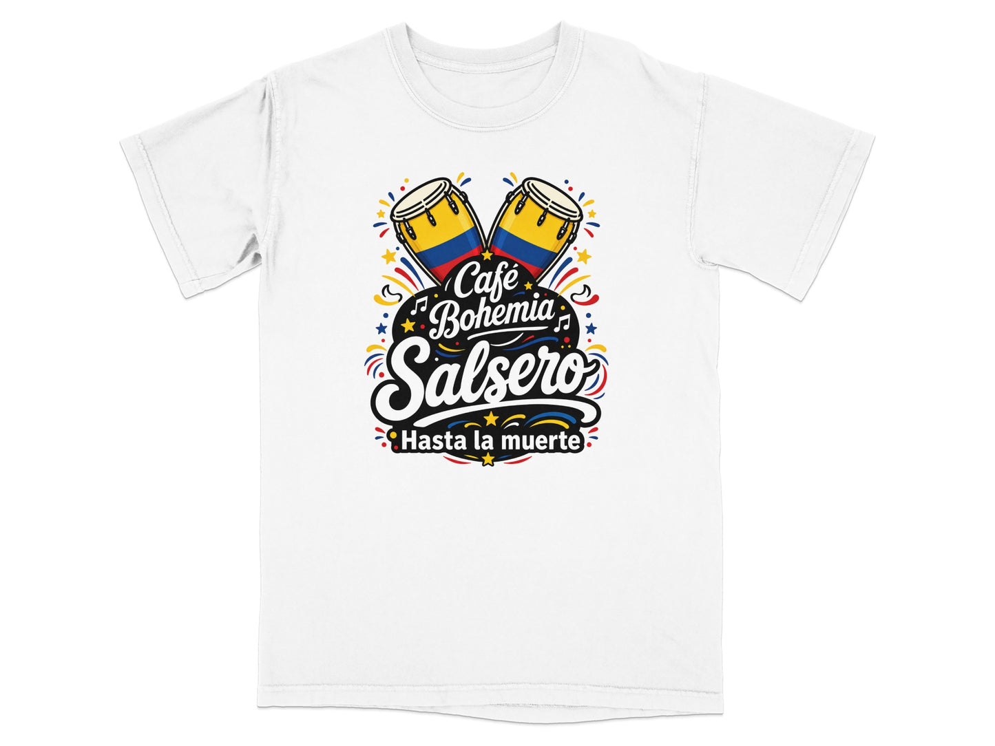 White t-shirt with "Café Bohemia Hasta la muerte" text and conga drums.