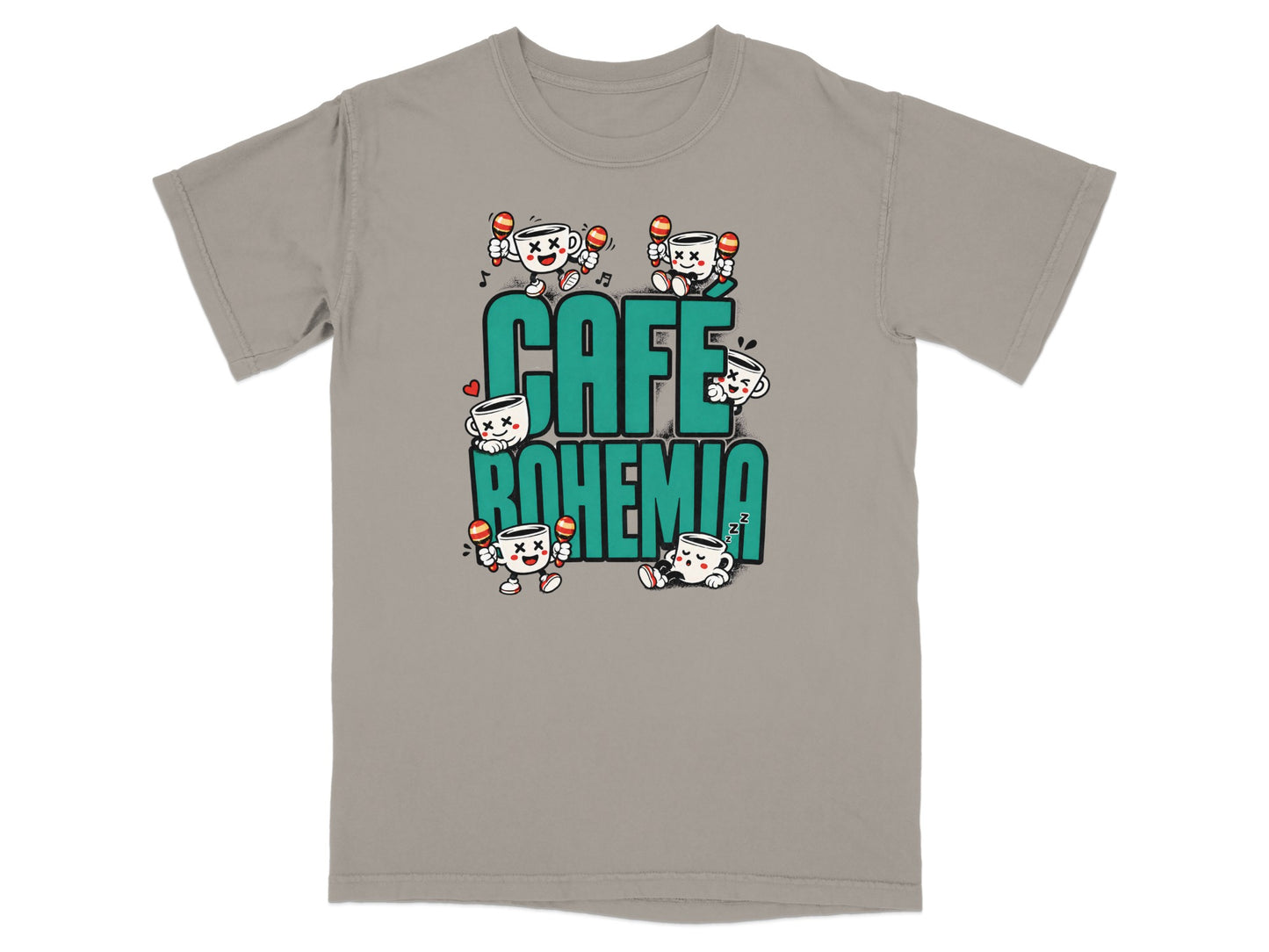 T-shirt with "Cafe Bohemia" text and cartoon coffee cups playing maracas and sleeping.
