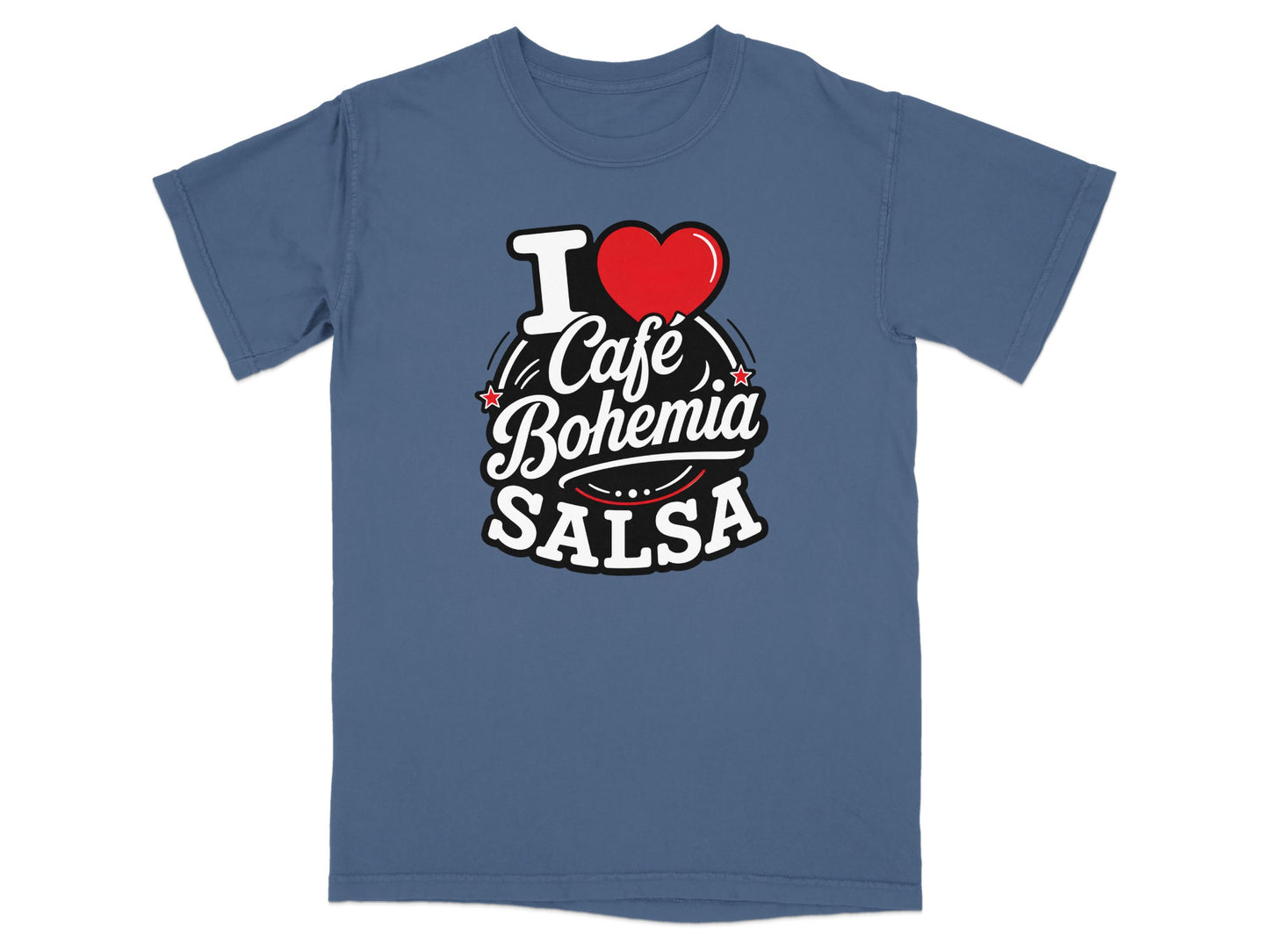 "I ❤️ Café Bohemia Salsa" text on a blue t-shirt.