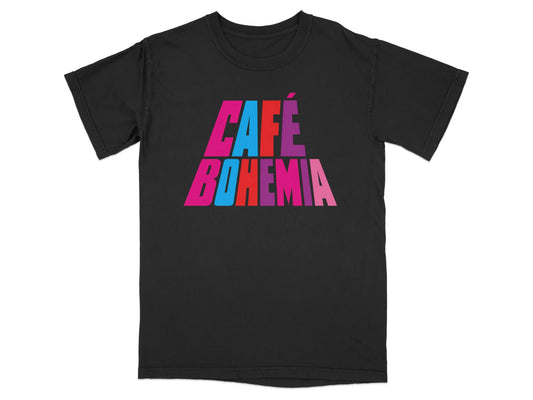 Black t-shirt with "Cafe Bohemia" in colorful, bold text.