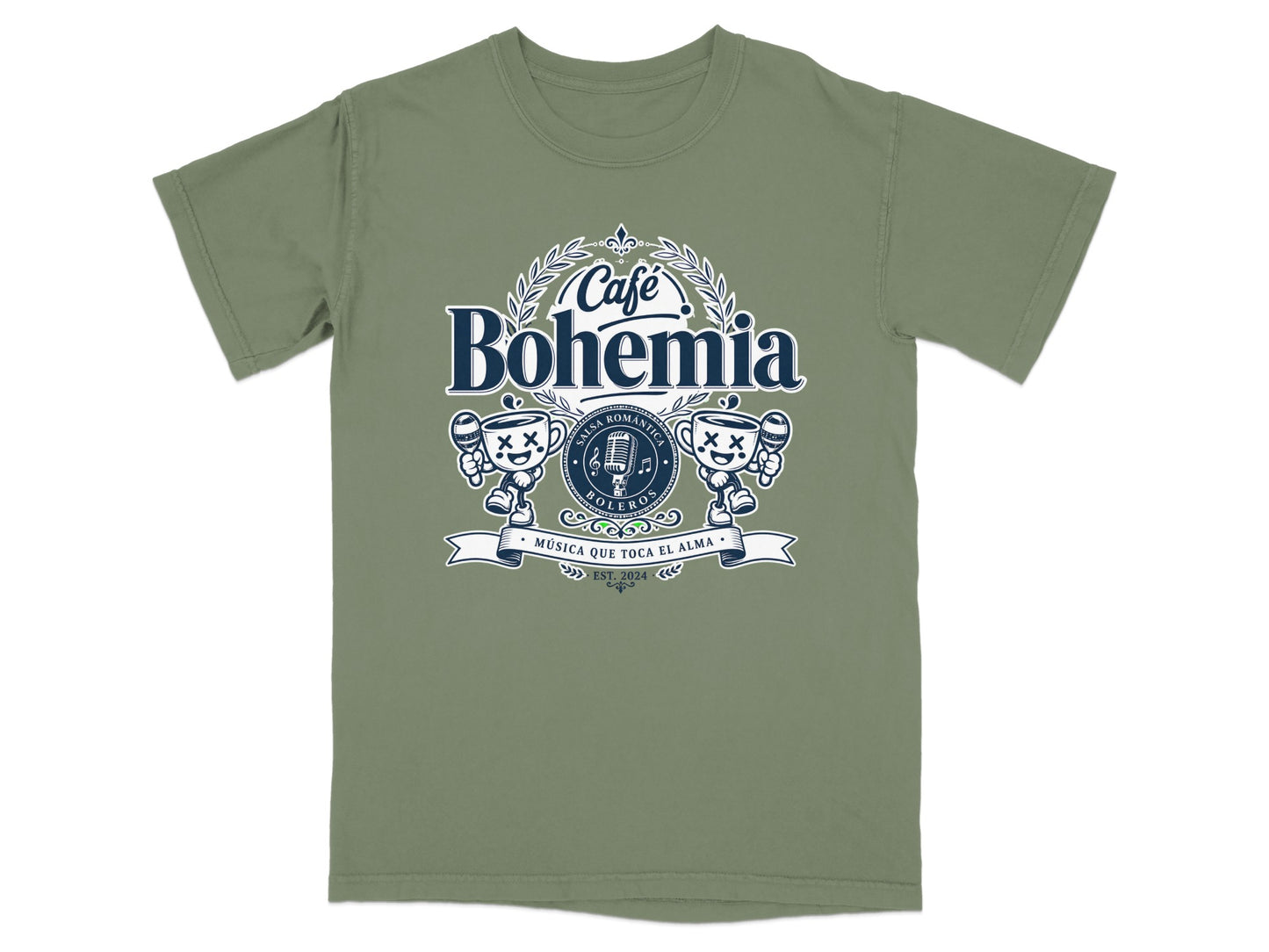 Café Bohemia logo with microphones and text in a circular design.