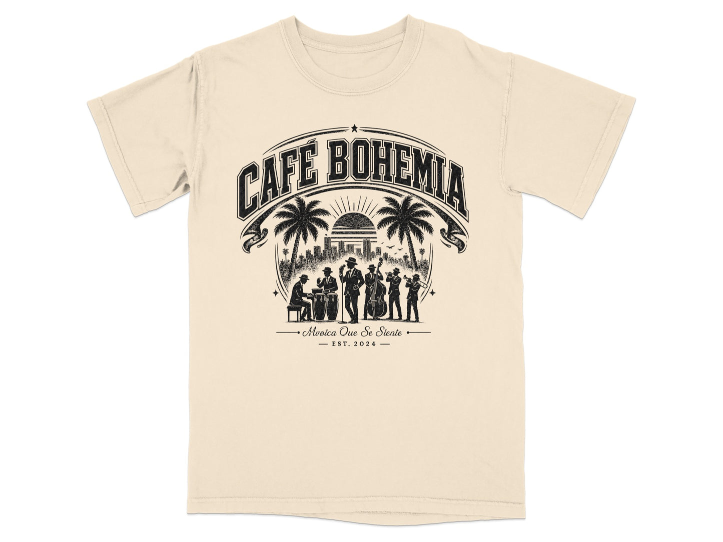 Cafe Bohemia t-shirt with band silhouette, palm trees, and text.