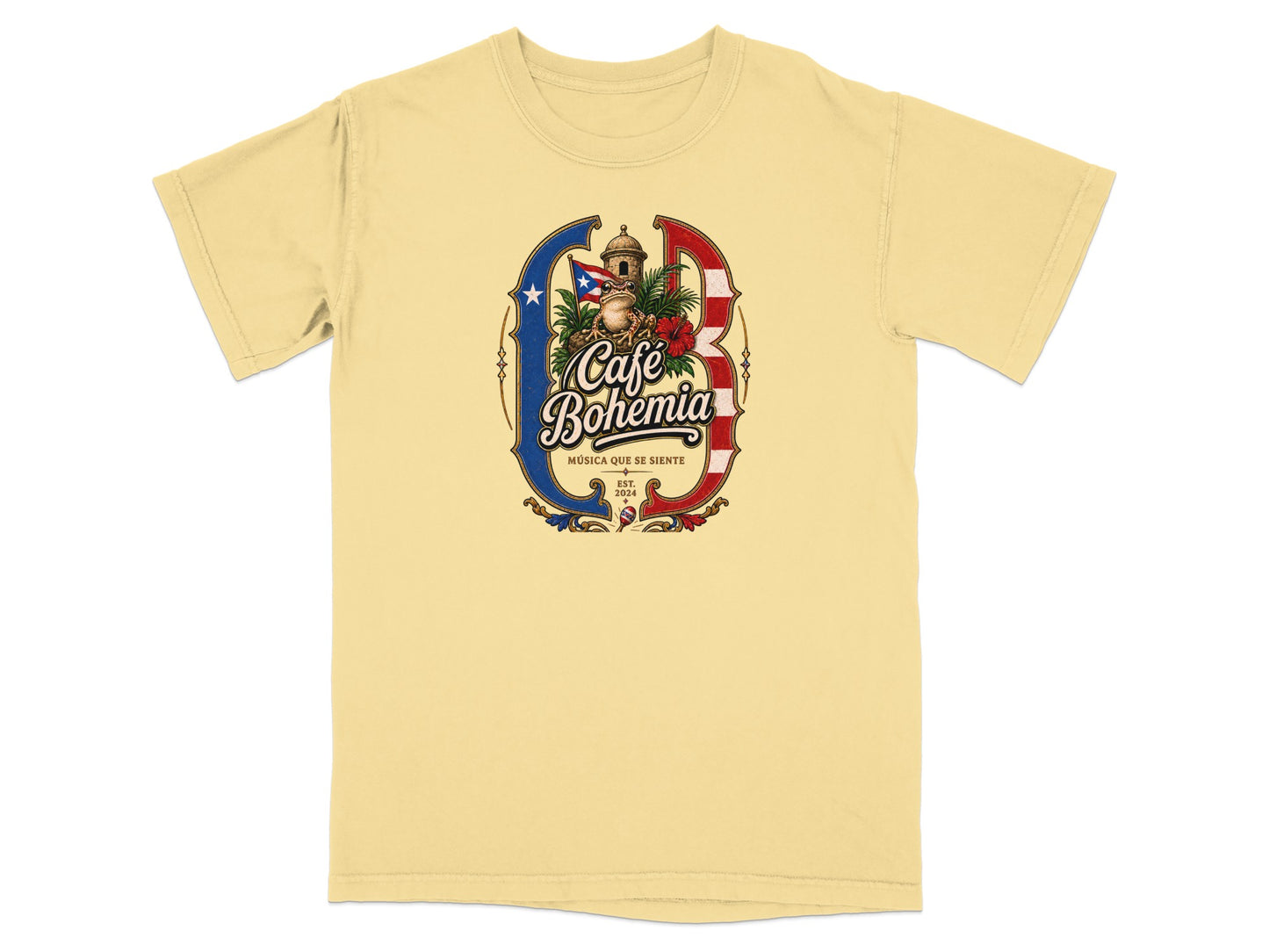 Yellow t-shirt with a circular logo featuring "Café Bohemia" text, a frog, and Puerto Rican flag.
