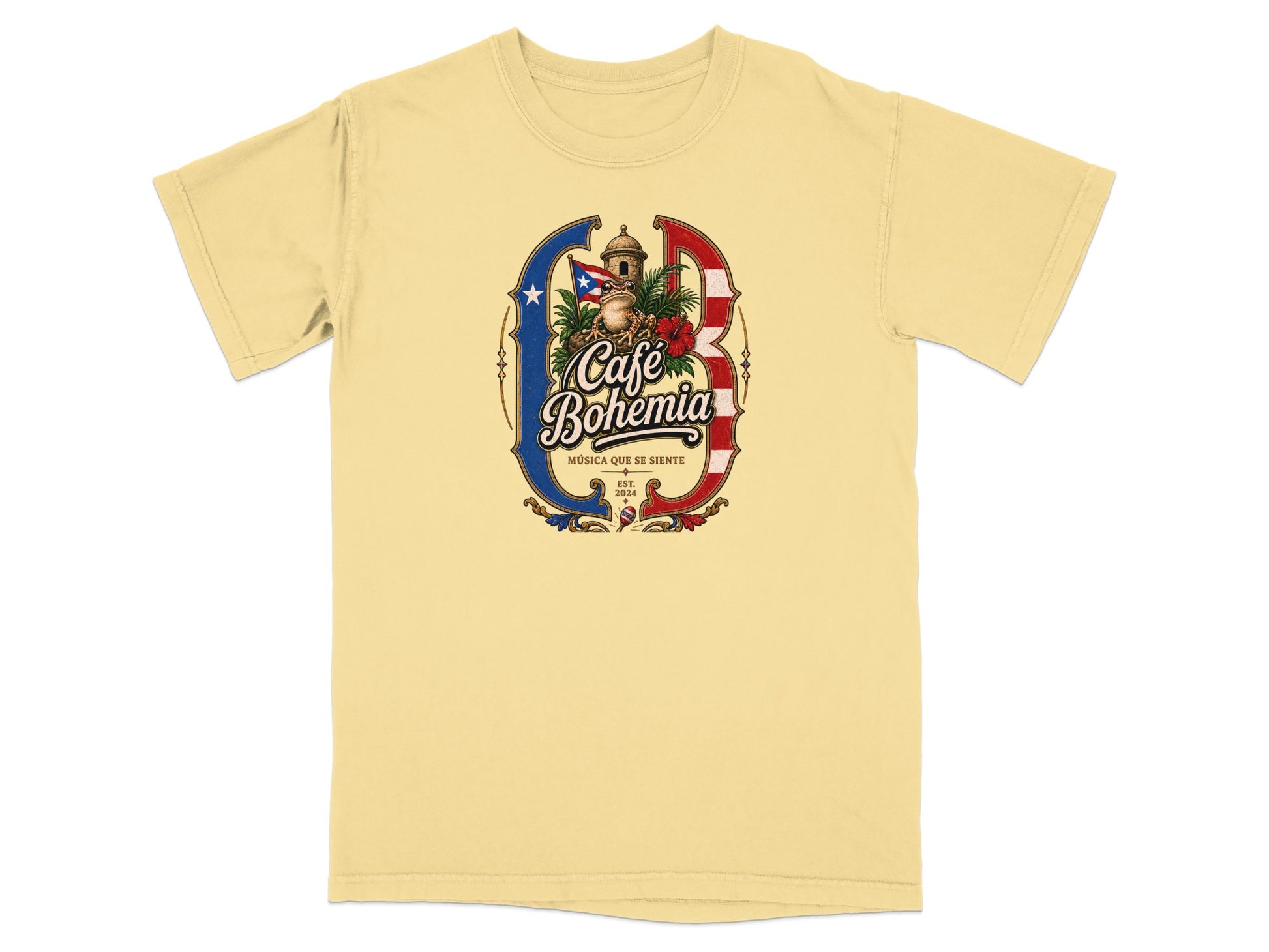 Yellow t-shirt with a circular logo featuring "Café Bohemia" text, a frog, and Puerto Rican flag.