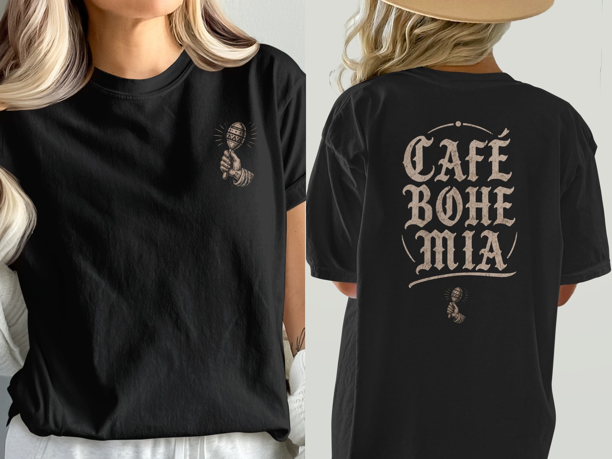 Black t-shirt with "Café BoheMia" and maraca graphic on back.