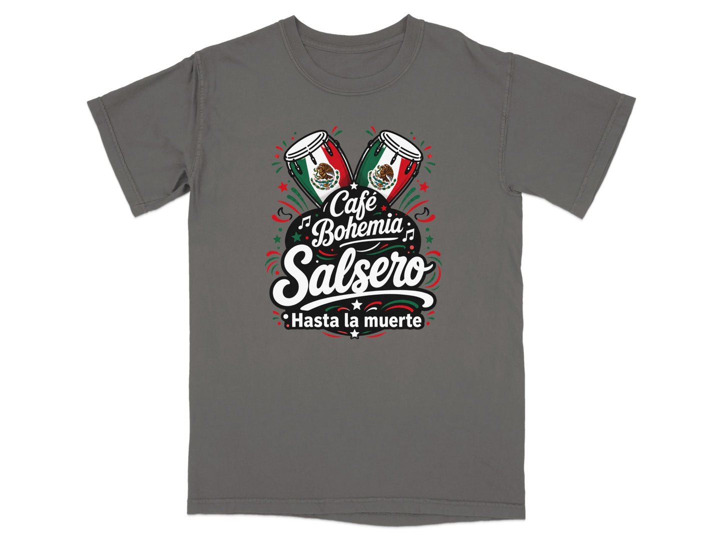 T-shirt with "Café Bohemia Salsero" logo and Mexican flags.