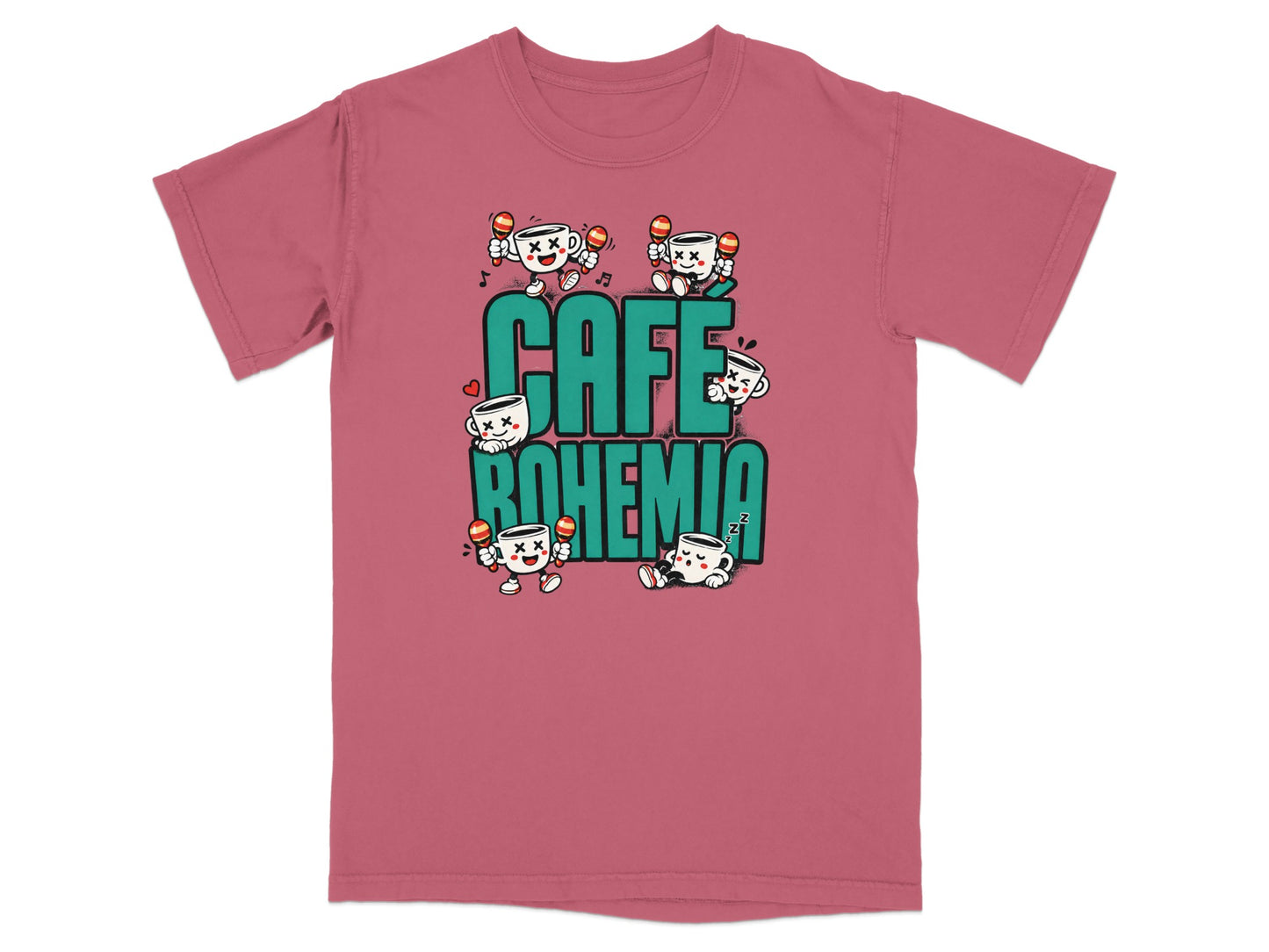 T-shirt with "Cafe Bohemia" lettering and cartoon coffee cups playing maracas and sleeping.