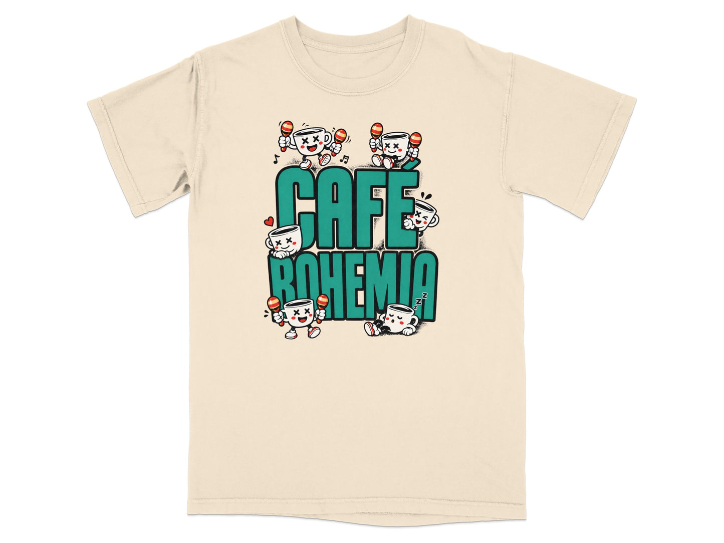 Cartoon coffee cups with arms and legs, holding microphones, above "Cafe Bohemia" text.