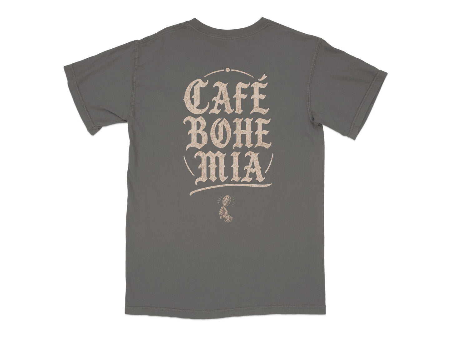 Gray t-shirt with "CAFÉ BOHEMIA" and microphone graphic on back.