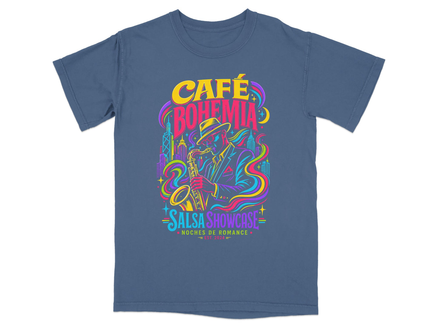 T-shirt with "Café Bohemia Salsa Showcase" text and a jazzy saxophone player.