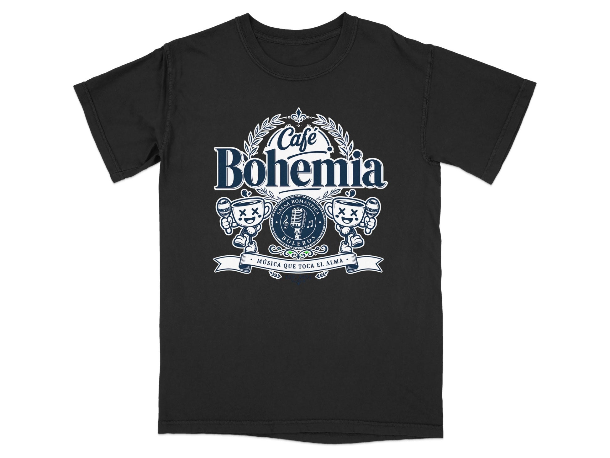 Black t-shirt with "Café Bohemia" logo featuring two microphones and musical notes.