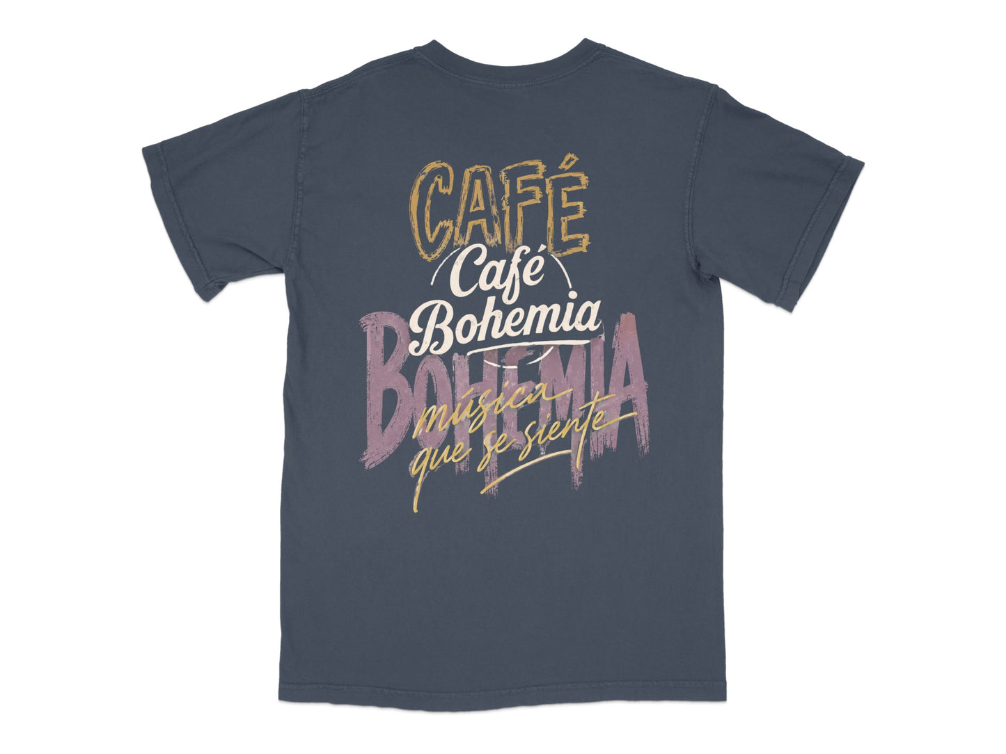 Dark blue t-shirt with "Café Bohemia musica que se siente" text.
