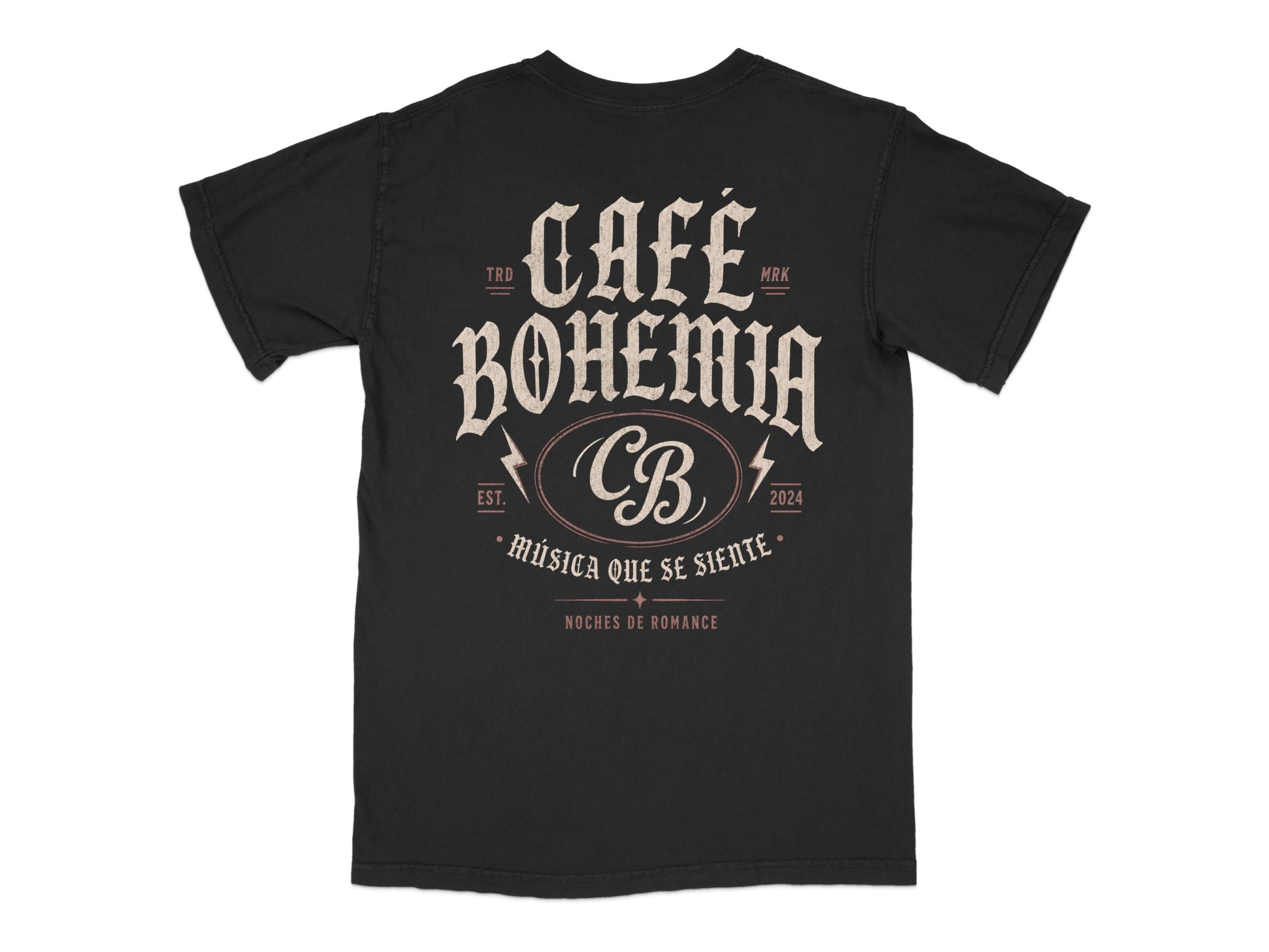 Black t-shirt with "CAFÉ BOHEMIA CB" and Spanish text.