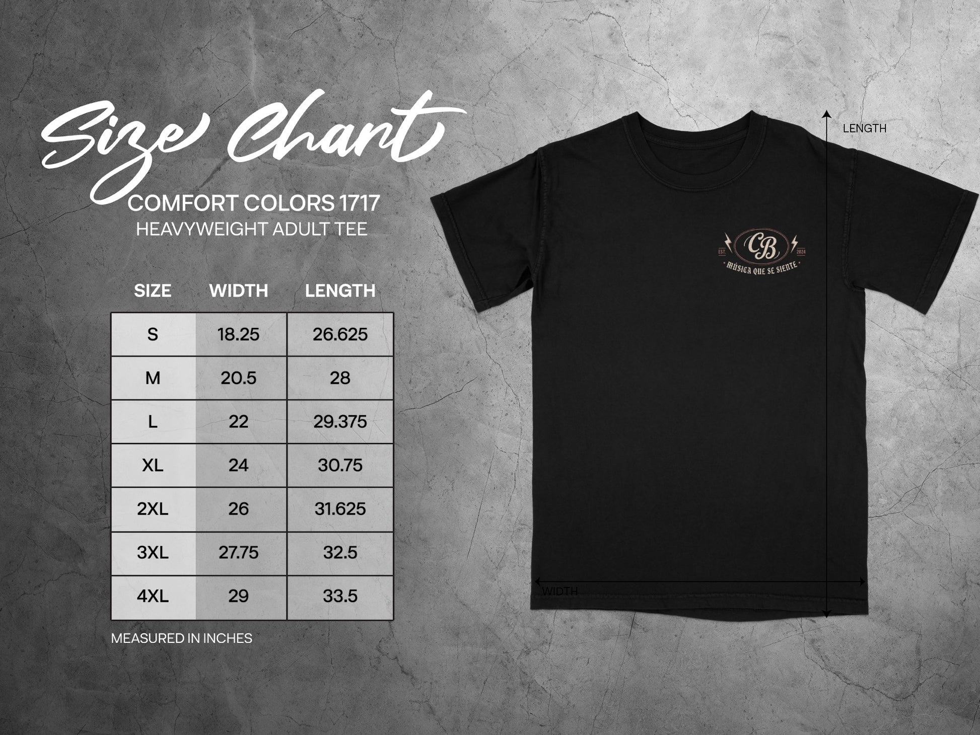Size chart for Comfort Colors 1717 heavyweight adult tee, measured in inches.