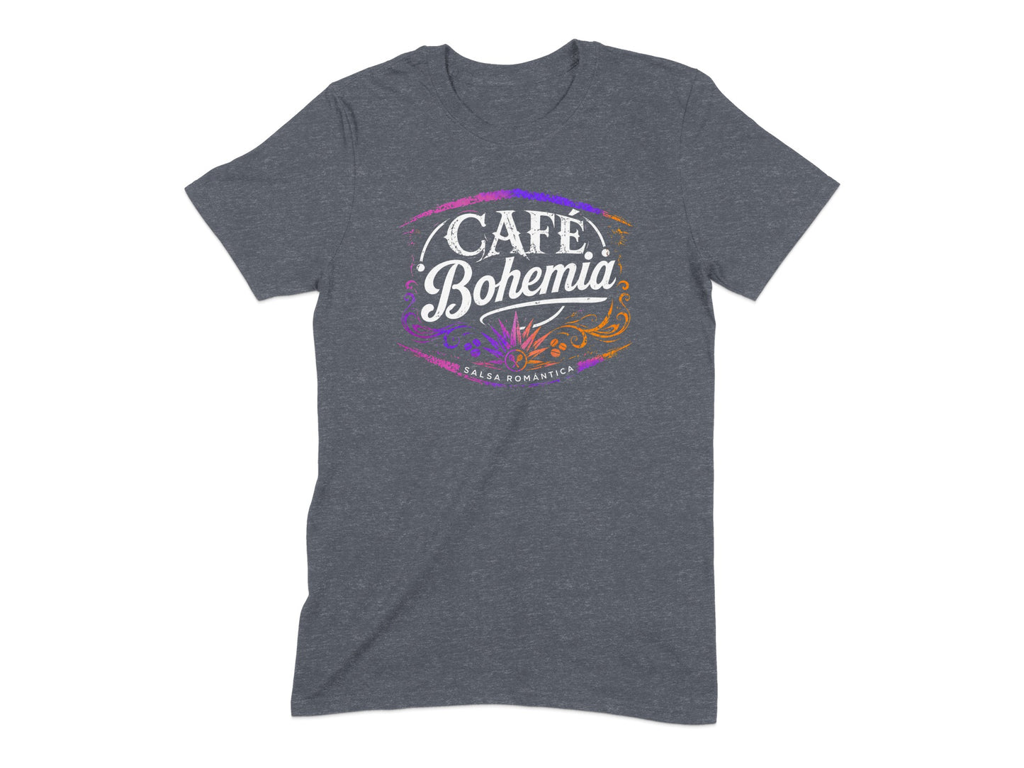 Dark gray t-shirt with white "Café Bohemia Salsa Romántica" text and colorful accent graphics.