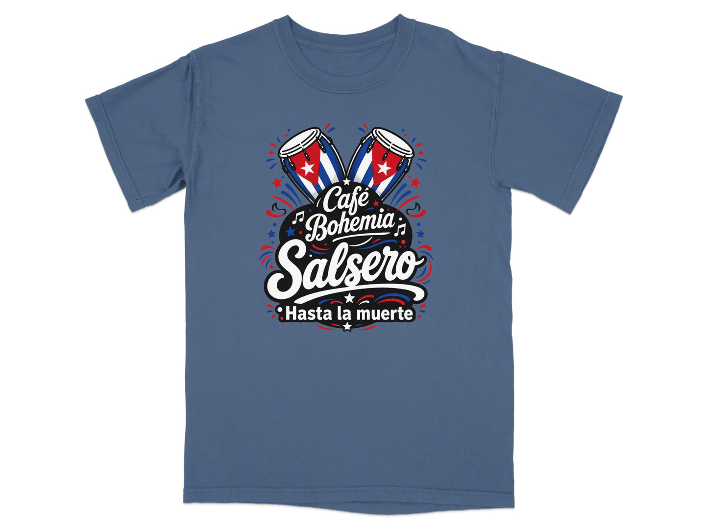 T-shirt with "Café Bohemia Salsero" and Cuban flags on drums.