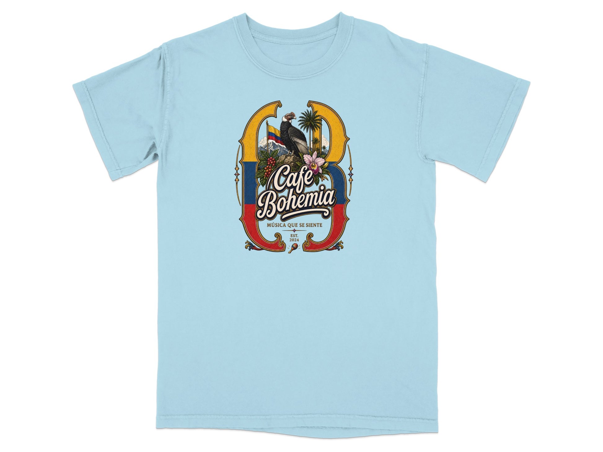 Light blue t-shirt with a "Cafe Bohemia" logo featuring a condor and Colombian flag.