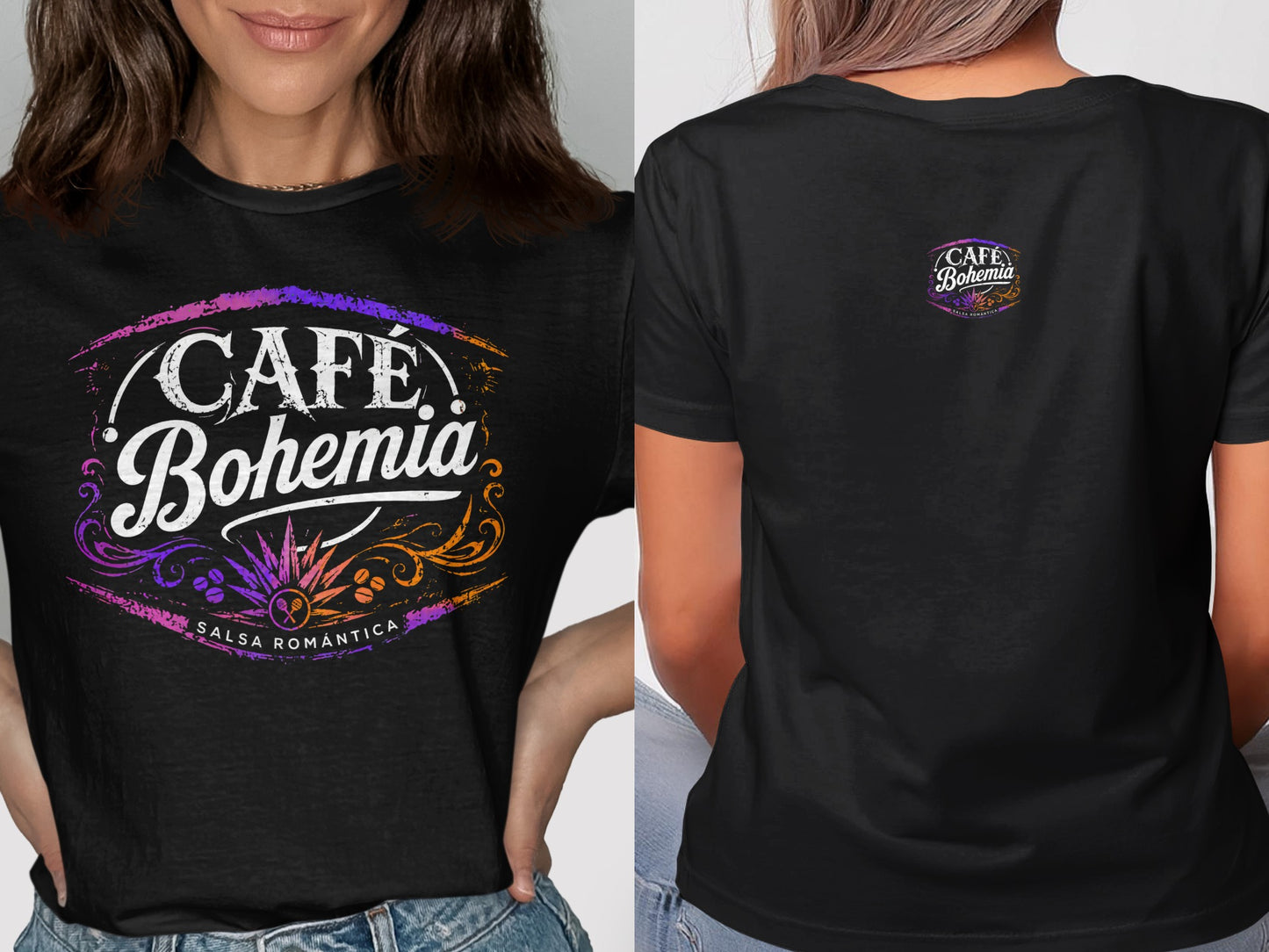 Black t-shirt with "Café Bohemia Salsa Romántica" graphic and a small matching graphic on the back.