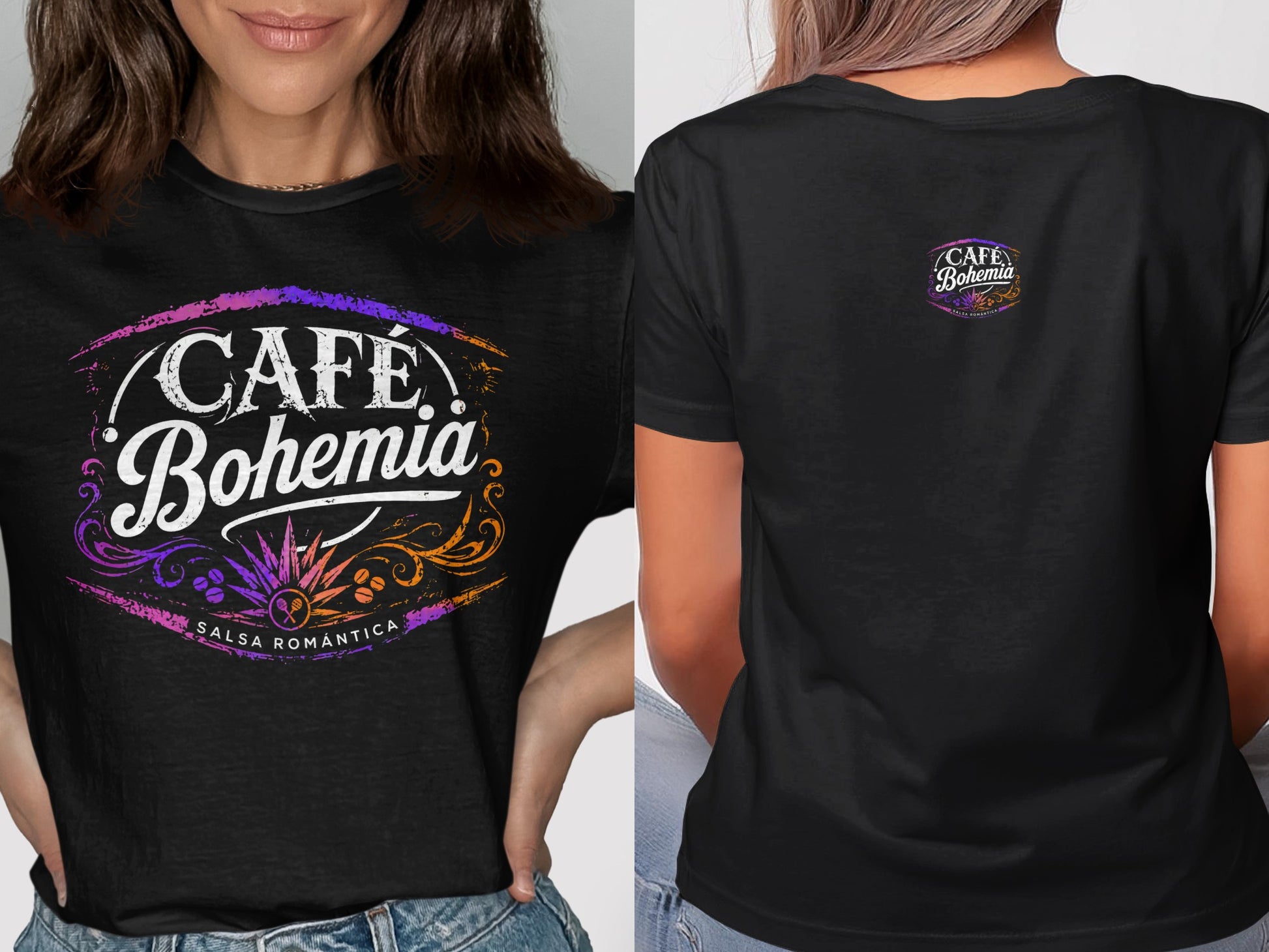 Black t-shirt with "Café Bohemia Salsa Romántica" graphic and a small matching graphic on the back.