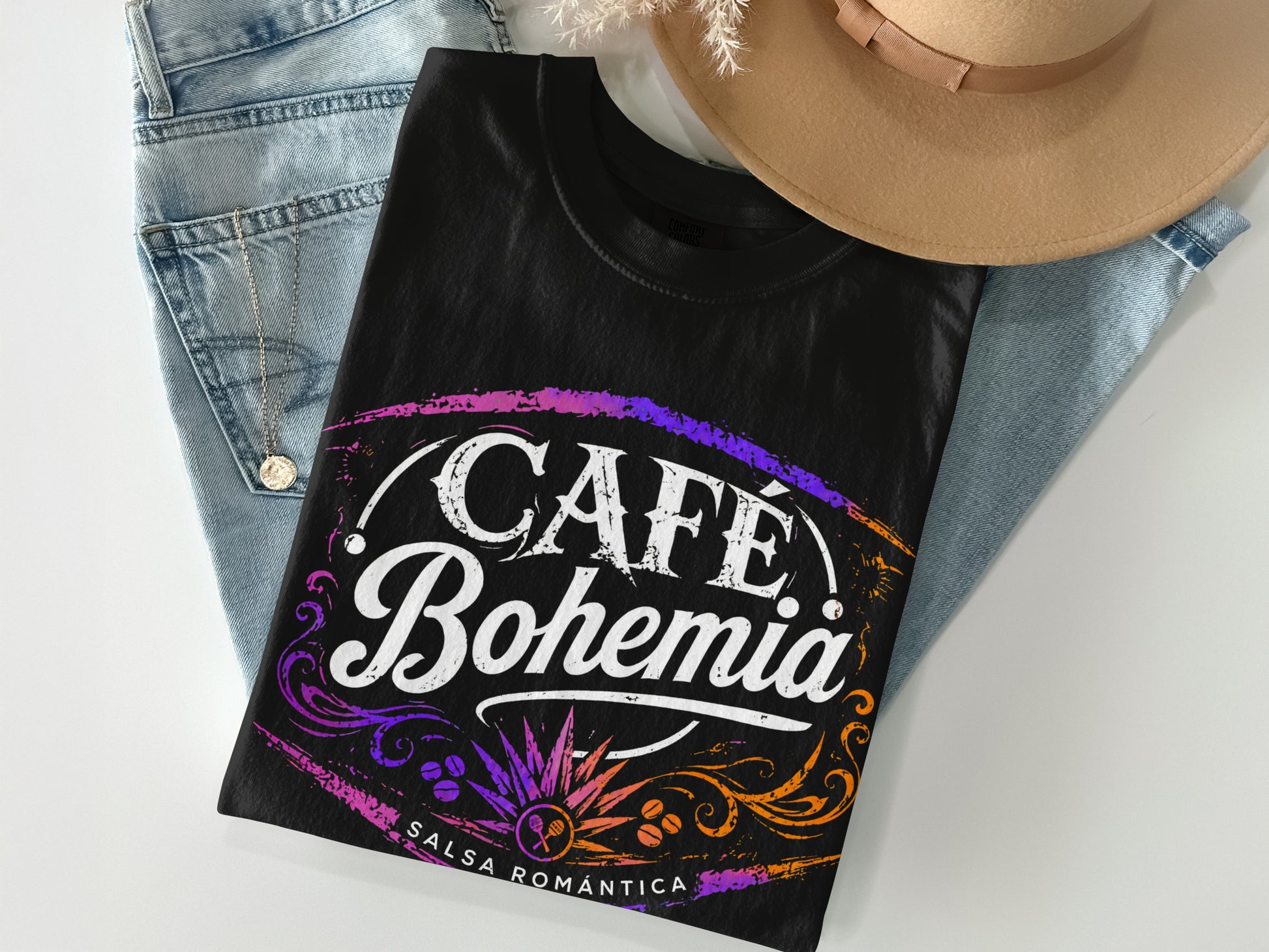 Black t-shirt with "Cafe Bohemia Salsa Romantica" text and colorful graphic design.