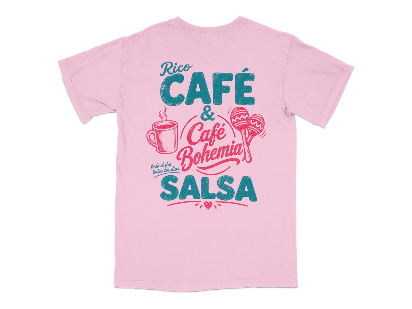 Pink t-shirt with "Rico Café & Bohemia Salsa" graphic in teal and red.