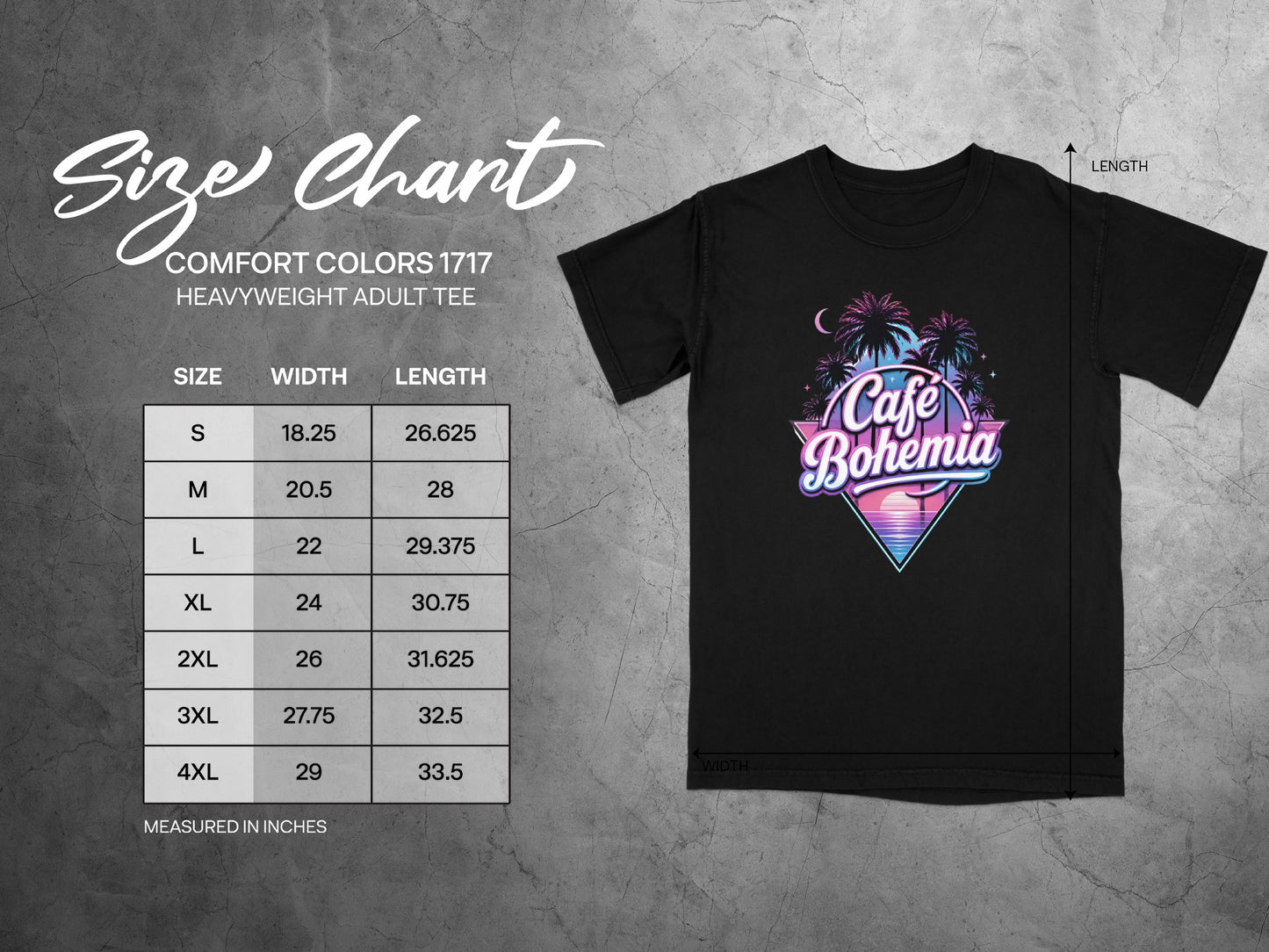 Size chart for a "Cafe Bohemia" heavyweight adult t-shirt, listing sizes S-4XL.