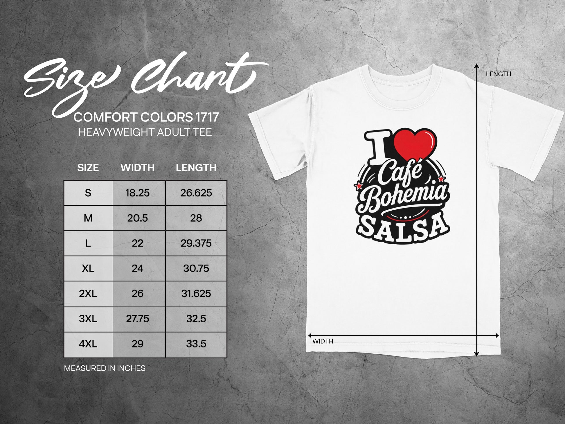 Size chart for a Comfort Colors 1717 heavyweights adult tee.