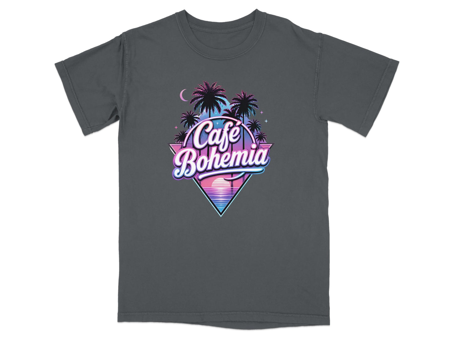 T-shirt with "Cafe Bohemia" logo featuring palms and sunset in a retro triangle design.