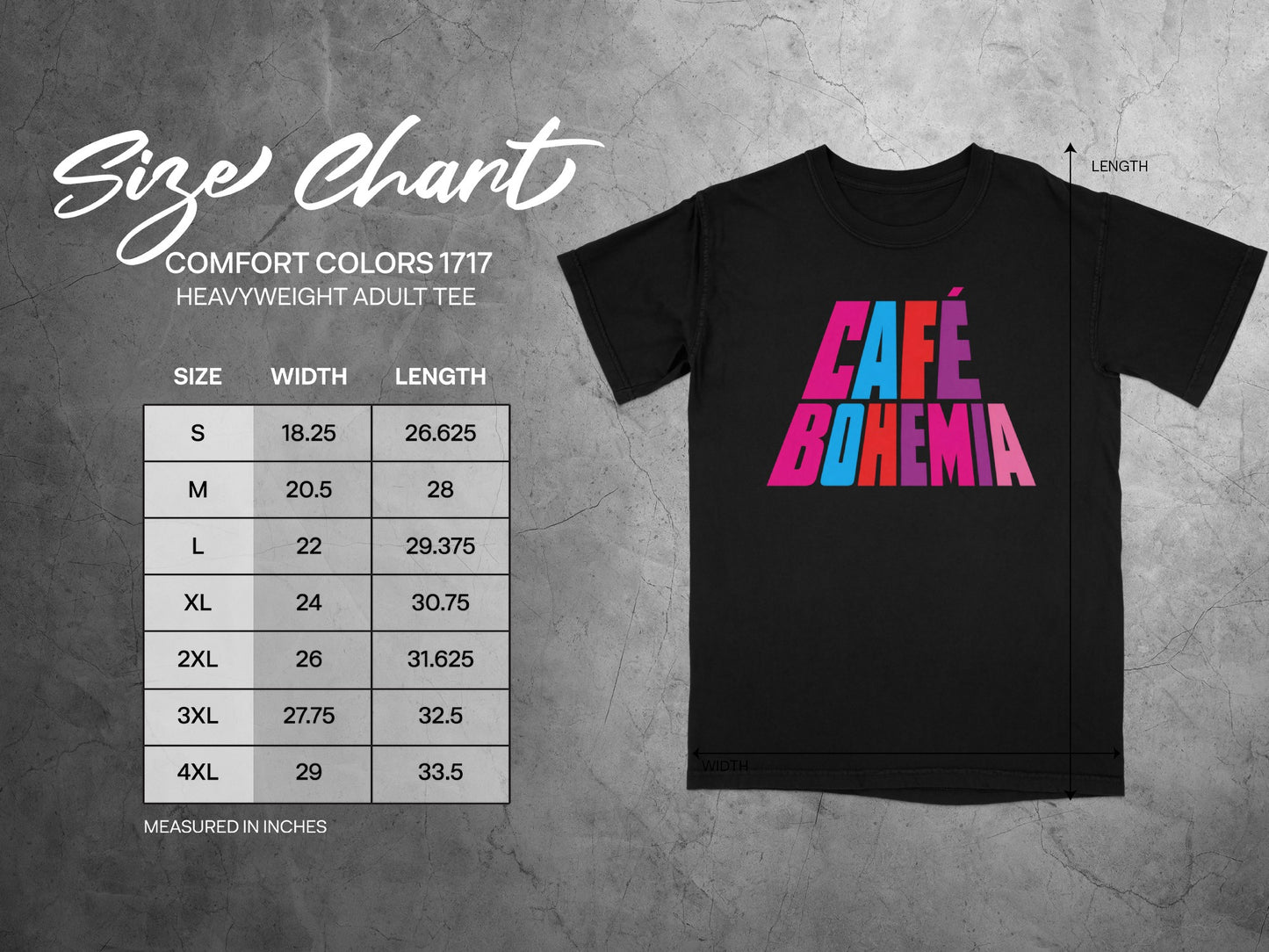 Size chart for Cafe Bohemia heavyweight adult tee, showing width and length measurements.
