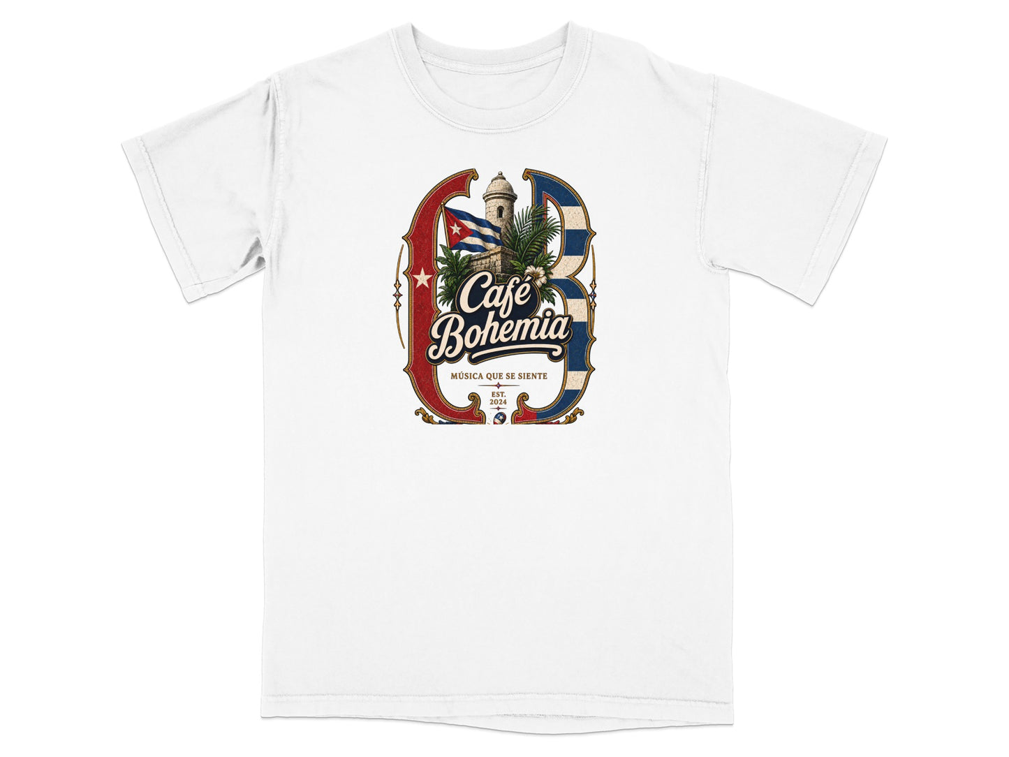 White t-shirt with "Café Bohemia Música Que Se Siente Est. 2024" graphic.