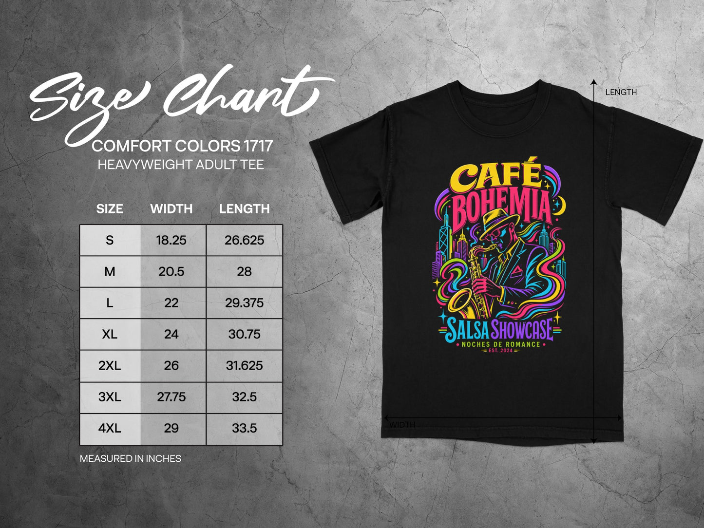 Size chart for Comfort Colors 1717 heavyweight adult tee with Café Bohemia Salsa Showcase design.