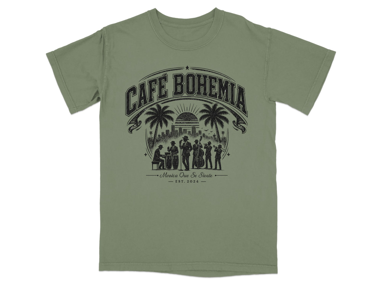 Olive green t-shirt with "Café Bohemia" and a palm tree scene.