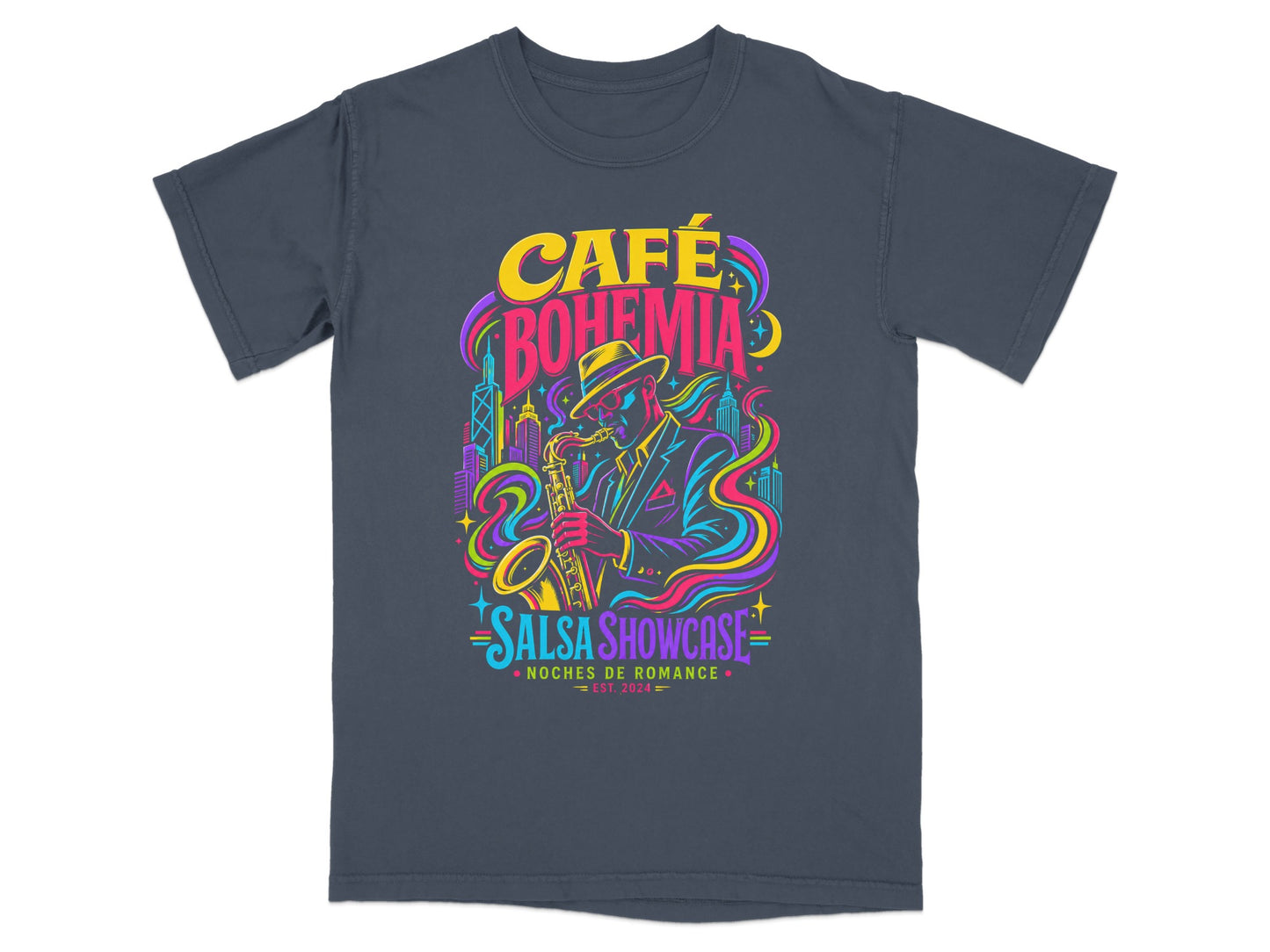 T-shirt with a man playing saxophone, "Café Bohemia Salsa Showcase" text.