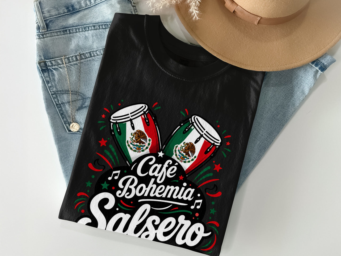 Black t-shirt with "Cafe Bohemia Salsero" and drums, Mexican flag accents.